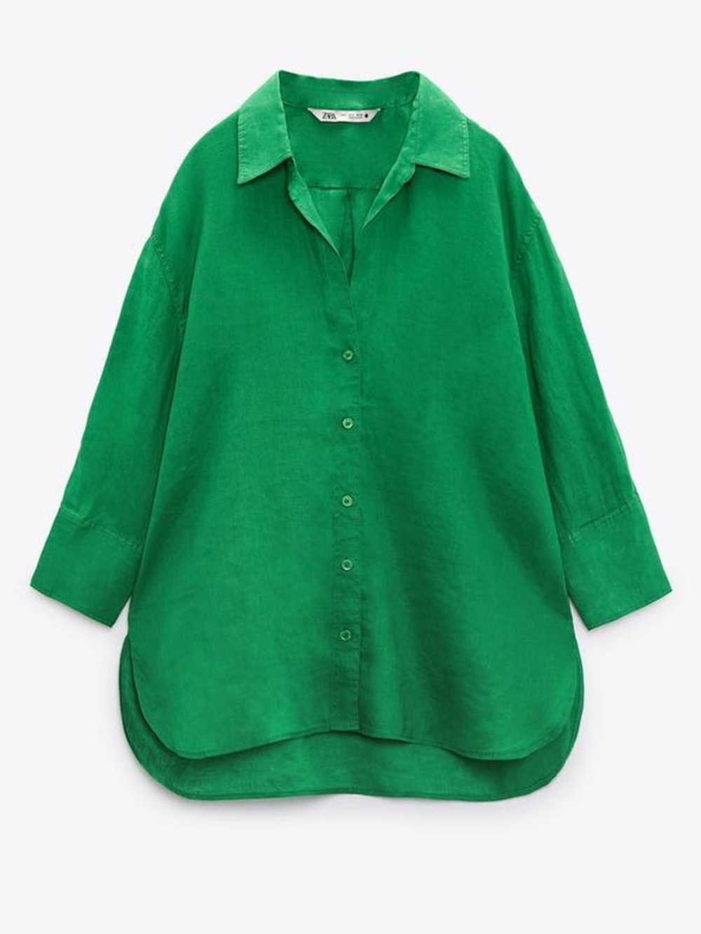 Zara Green Linen Button Down Shirt Oversized High Low Top Small